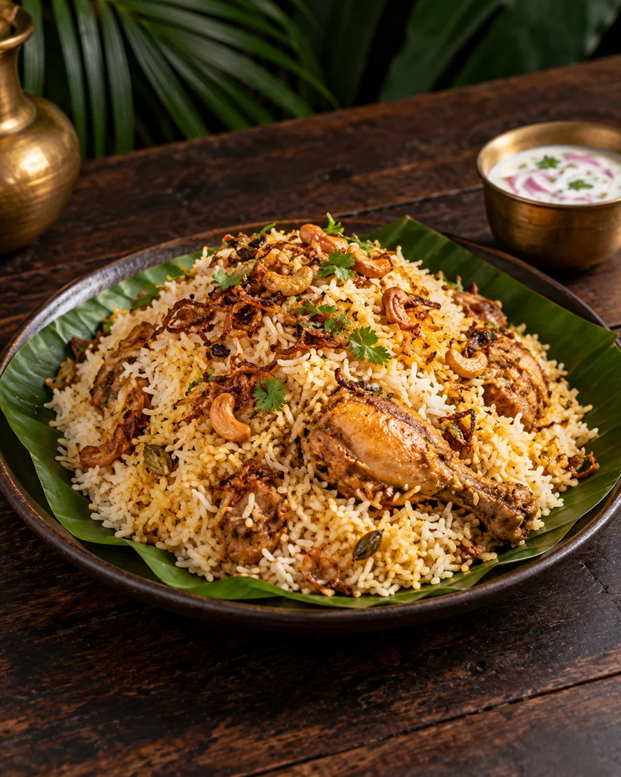 Illustrative Kerala-style chicken biryani on a banana leaf