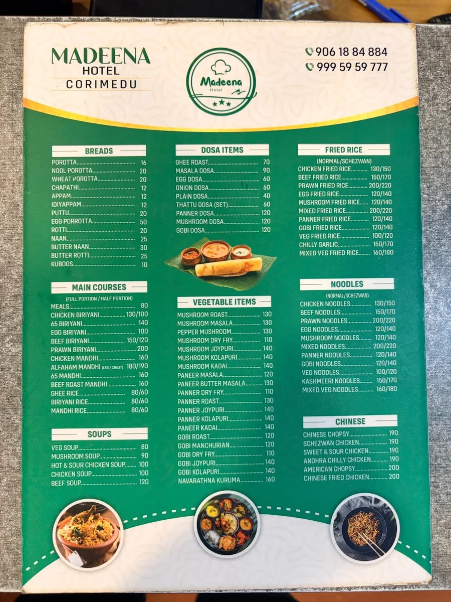 Printed menu page 1: breads, main courses, soups, dosa, vegetables, fried rice, noodles and Chinese dishes, with prices