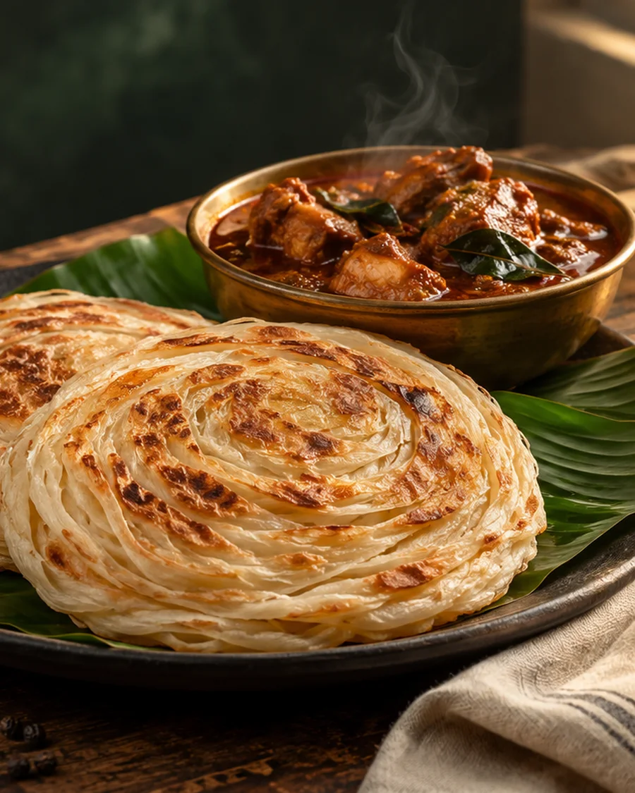Illustrative Kerala parotta with a bowl of chicken curry